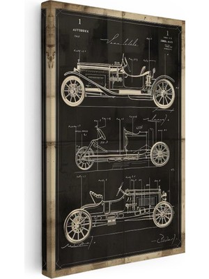 Tablofest Dikey Kanvas Tablo Üç Farklı Antik Otomobil Patent Çizimi Taşıt Vintage Tablo Ev Ofis Duvar Dekoru