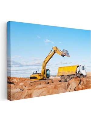 Tablofest Yatay Kanvas Tablo Ekskavatör ve Kamyon Hafriyat Yükleme Anı Iş Makinesi Tablosu Ev Ofis Dekoru