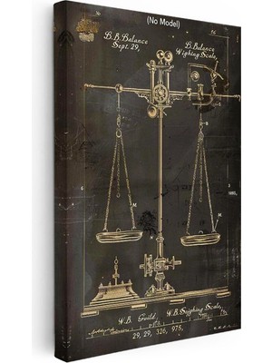 Tablofest Dikey Kanvas Tablo Hassas Terazi Patent Çizimi Altın Detay Vintage Tablo Ev Ofis Duvar Dekoru
