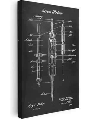 Tablofest Dikey Kanvas Tablo Tornavida ve Uçları Patent Çizimi Teknik Vintage Tablo Ev Ofis Duvar Dekoru