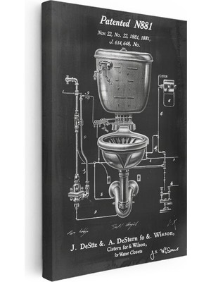 Tablofest Dikey Kanvas Tablo Antik Tuvalet ve Sifon Patent Çizimi Teknik Vintage Tablo Ev Ofis Duvar Dekoru