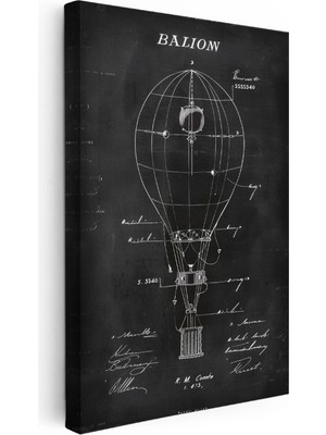 Tablofest Dikey Kanvas Tablo Balon Patent Çizimi Teknik Detaylı Taşıt Vintage Tablo Duvar Dekoru