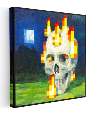 Tablofest Kare Kanvas Tablo Skull On Fire Piksel Minecraft Tablosu Ev Ofis Salon Duvar Dekoru