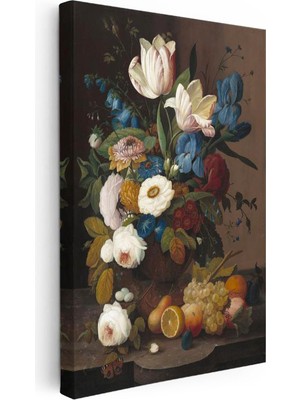 Tablofest Dikey Kanvas Tablo Severin Roesen Lale ve Meyve Tabağı Beyaz Gül Detayı Ressam Tablosu Duvar Dekoru