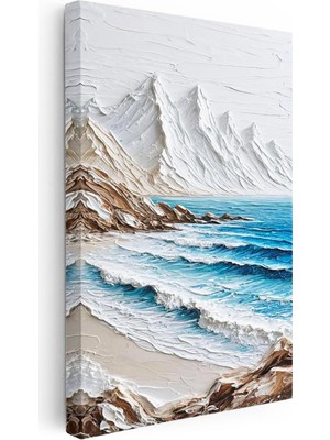 Tablofest Dikey Kanvas Tablo Karlı Dağlar ve Sahil Kabartma Görünümlü Tablo Ev Ofis Duvar Dekoru
