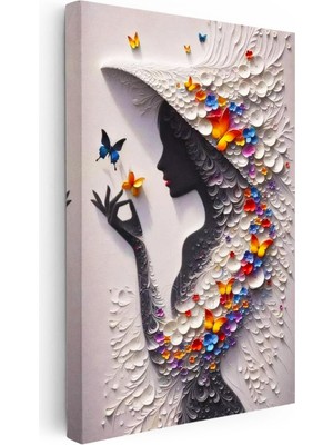Tablofest Dikey Kanvas Tablo Kelebek Şapkalı Kadın Modern Sanat Tablosu Ev Ofis Duvar Dekoru
