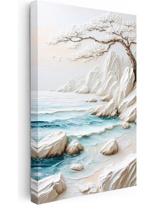 Tablofest Dikey Kanvas Tablo Beyaz Ağaç ve Kayalıklar Kabartma Görünümlü Tablo Ev Ofis Duvar Dekoru