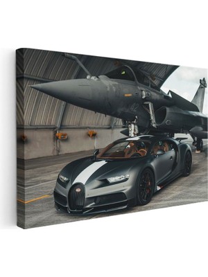 Tablofest Yatay Kanvas Tablo Bugatti Chiron Sport ve Rafale Savaş Jeti Bugatti Tablosu Ev Ofis Duvar Dekoru
