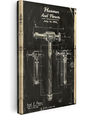 Tablofest Dikey Kanvas Tablo Çekiç Patent Çizimi Teknik Detaylı Vintage Tablo Ev Ofis Duvar Dekoru