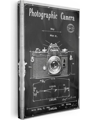 Tablofest Dikey Kanvas Tablo Fotoğraf Makinesi Teknik Çizimi Ön Cephe Vintage Tablo Ev Ofis Duvar Dekoru