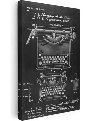 Tablofest Dikey Kanvas Tablo Daktilo Patent Çizimi Iki Farklı Görünüm Vintage Tablo Ev Ofis Duvar Dekoru
