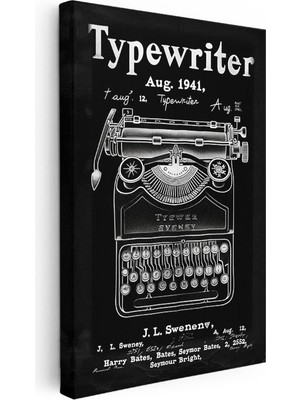 Tablofest Dikey Kanvas Tablo Daktilo Patent Çizimi Klavye Detayı Vintage Tablo Ev Ofis Duvar Dekoru