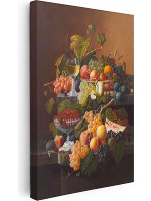 Tablofest Dikey Kanvas Tablo Severin Roesen Beyaz Şaraplı Kadeh Çilek Üzüm Ressam Tablosu Ev Ofis Dekoru