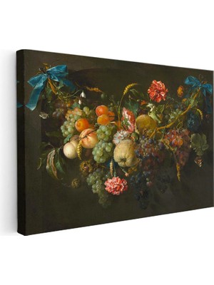 Tablofest Yatay Kanvas Tablo Jan Van Huysum Meyve ve Çiçek Garlandı Mavi Kurdele Ressam Tablosu Ev Ofis Dekoru