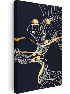 Tablofest Dikey Kanvas Tablo Kıvrımlı Altın Şeritler Lüks Soyut Tablo Ev Ofis Duvar Dekoru