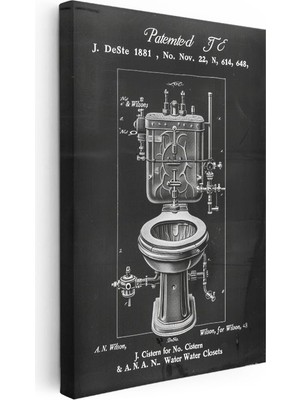 Tablofest Dikey Kanvas Tablo Antik Tuvalet Mekanizması Patent Çizimi Teknik Vintage Tablo Ev Ofis Duvar Dekoru