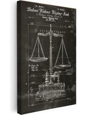 Tablofest Dikey Kanvas Tablo Antik Denge Terazisi Patent Çizimi Teknik Vintage Tablo Duvar Dekoru