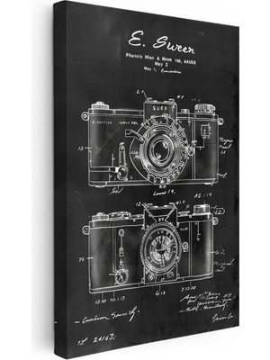 Tablofest Dikey Kanvas Tablo Çift Kamera Patent Çizimi Teknik Detay Vintage Tablo Ev Ofis Duvar Dekoru