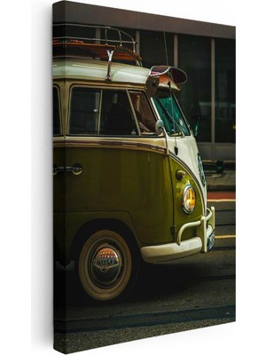 Tablofest Dikey Kanvas Tablo Yeşil Beyaz Volkswagen T1 Minibüs Ön Görünüm Volkswagen Tablosu Ev Ofis Dekoru