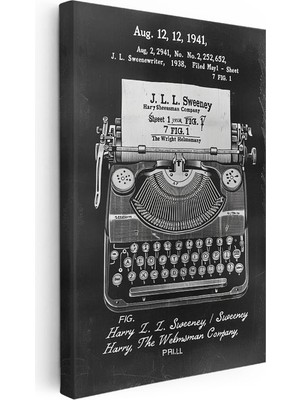 Tablofest Dikey Kanvas Tablo Daktilo Üstten Görünüm Patent Çizimi Vintage Tablo Ev Ofis Duvar Dekoru