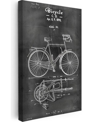 Tablofest Dikey Kanvas Tablo Bisiklet Patent Çizimi Teknik Detaylı Vintage Tablo Ev Ofis Duvar Dekoru