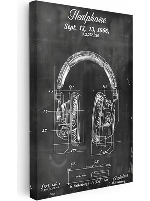 Tablofest Dikey Kanvas Tablo Kulaklık Patent Çizimi Teknik Illüstrasyon Vintage Tablo Ev Ofis Duvar Dekoru