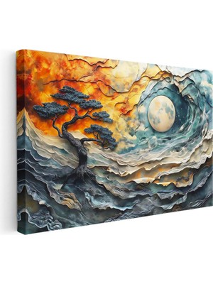 Tablofest Yatay Kanvas Tablo Dalgalar ve Dolunay Altında Ağaç Sürrealist Manzara Tablosu Ev Ofis Duvar Dekoru