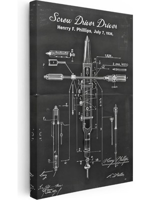 Tablofest Dikey Kanvas Tablo Tornavida Patent Çizimi Teknik Detaylı Vintage Tablo Ev Ofis Duvar Dekoru