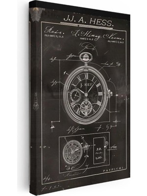 Tablofest Dikey Kanvas Tablo Cep Saati Patent Çizimi Teknik Detaylı Vintage Tablo Ev Ofis Duvar Dekoru