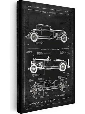 Tablofest Dikey Kanvas Tablo Eski Otomobil Silüetleri Patent Çizimi Taşıt Vintage Tablo Ev Ofis Duvar Dekoru