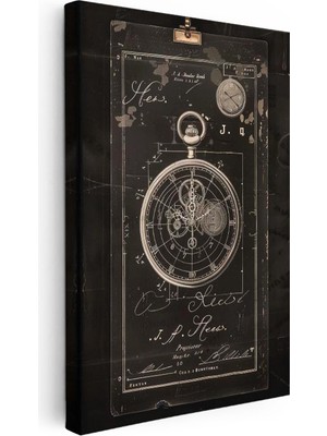 Tablofest Dikey Kanvas Tablo Cep Saati Mekanizması Patent Çizimi Teknik Vintage Tablo Duvar Dekoru