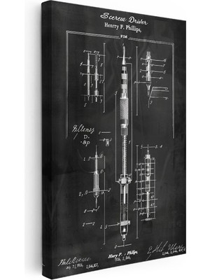 Tablofest Dikey Kanvas Tablo Tornavida ve Uçları Patent Çizimi Teknik Vintage Tablo Duvar Dekoru