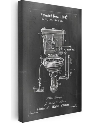 Tablofest Dikey Kanvas Tablo Antik Tuvalet Mekanizması Patent Çizimi Teknik Vintage Tablo Duvar Dekoru