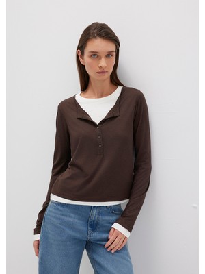 Mavi Yün Karışımlı Çift Katlı Kahverengi Uzun Kollu Tişört 1613400-88067