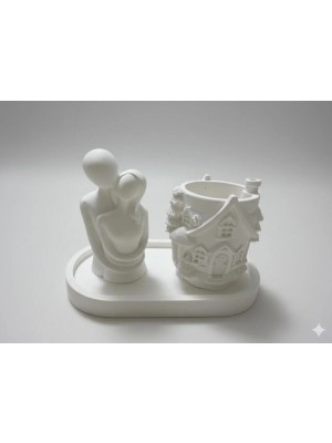 Sevgili Figürlü Ev Tasarımlı 3'lü Dekoratif Obje Seti El Yapımı Taş Tozu Saksı ve Biblo