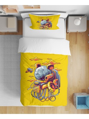 Leva Home Robot Ayıcık Desenli 3D Dijital Baskılı Tek Kişilik Çarşafsız Çocuk Nevresim Takımı
