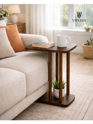 Viveres C Tipi Masif Ahşap Yan Sehpa Ceviz Rengi Salon Yatak Odası Komodin Koltuk Yanı Iskandinav Demonte