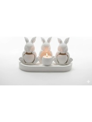 Üçlü Tavşan Figürlü Taş Tozu Mum Dekoratif Obje Seti