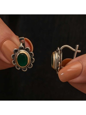 Katre46 Gümüş Yeşil Çiçek Desenli Otantik Kadın Küpe