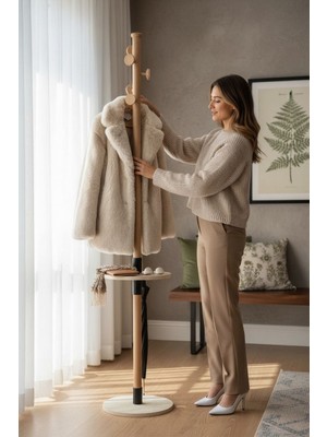 YTA Collection Dekoratif Ahşap Modern Ayaklı Askılık Portmanto Mont Ceket Elbise Askılığı Sehpalı