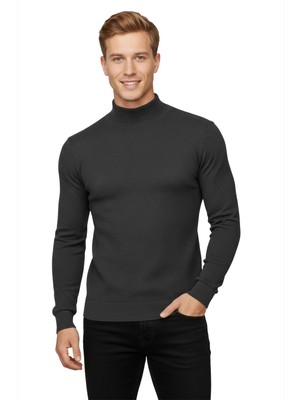 Deepsea Füme Dokulu Slim Fit Yarım Boğazlı Likralı Erkek Triko Kazak 2505516