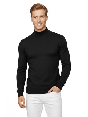 Deepsea Siyah Dokulu Slim Fit Yarım Boğazlı Likralı Erkek Triko Kazak 2505516