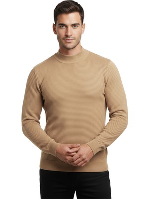 Deepsea Camel Slim Fit Yarım Boğazlı Erkek Triko Kazak – Çizgi Dokulu, Likralı Yarım Balıkçı Yaka 2505512