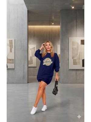 Tua Moda Kadın Uzun Kollu Bisiklet Yaka Yazılı Viskon Iki Iplik Elbise