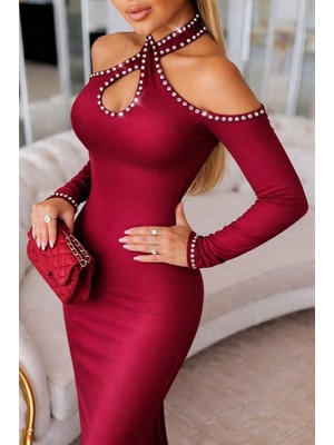 Ahes Shopping Kadın Omuzlardan Açık Boyundan Geçmeli Damla Detaylı Taşlı Midi Dalgıç Elbise