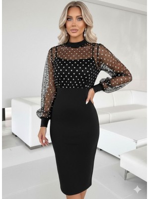 Arben Boutique Kadın Balıkçı Yaka Puantiyeli Tül Detay Midi Boy Elbise