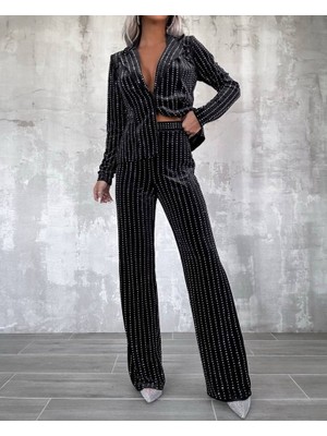 Bosel Kadın Kadife Kumaş Üzerine Taş Işlemeli Ceket Pantolon Ikili Takım