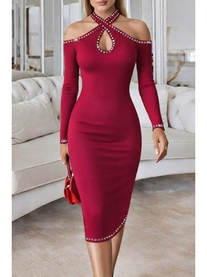 Buğrahayalin Kadın Omuzlardan Açık Boyundan Geçmeli Damla Detaylı Taşlı Midi Dalgıç Elbise