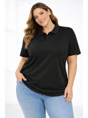 Buğrahayalin Pike Kumaş Düğmeli Yaka Battal Büyük Beden Günlük Kısa Kol Tişört T-Shirt - Siyah