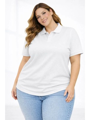 Gökyüzü Moda Pike Kumaş Düğmeli Yaka Battal Büyük Beden Günlük Kısa Kol Tişört T-Shirt - Beyaz